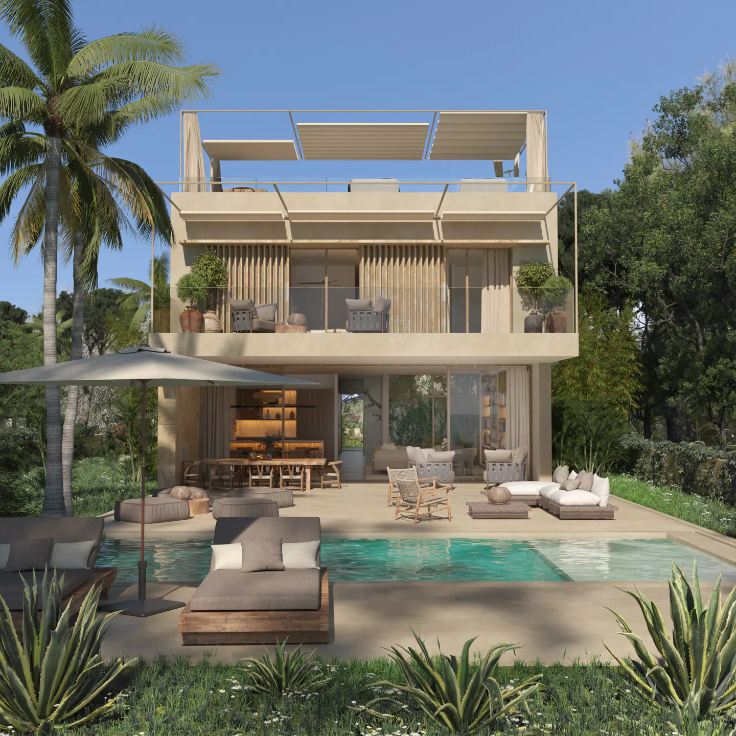 Two-story beige house with a pool, lounge chairs, and outdoor furniture. Palm trees and greenery surround the property.