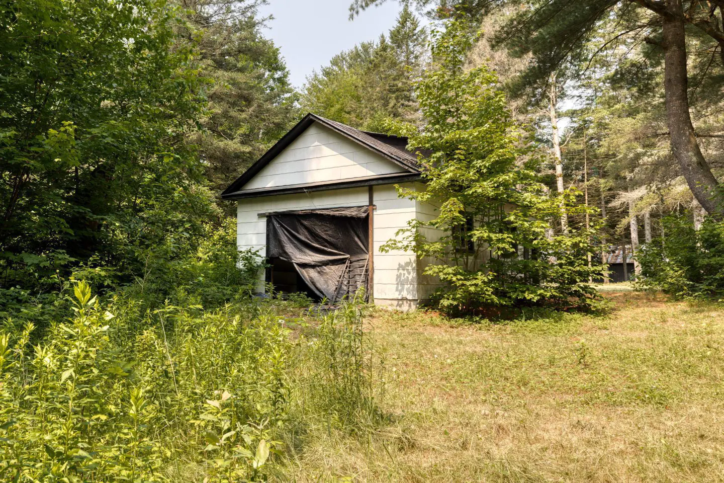 A small, white, one-story garage with a black roof is surrounded by green trees and tall grass. The garage door is covered with a black tarp.