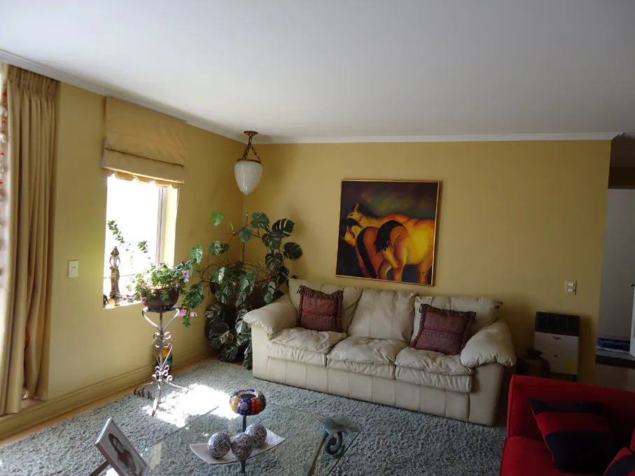 Living room with beige walls, a cream sofa with maroon pillows, and a horse painting. A glass coffee table sits on a gray rug.