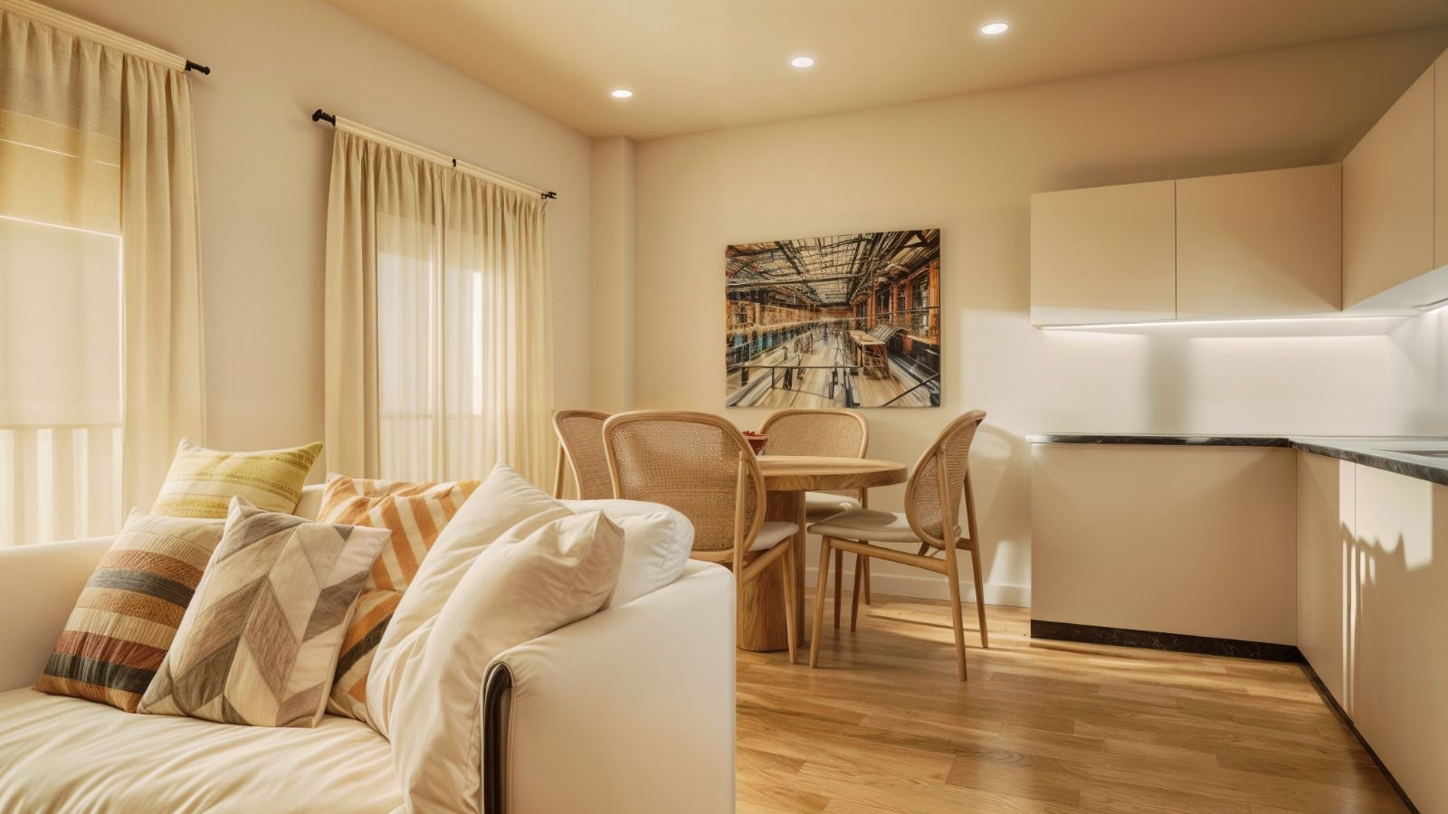 Modern open-plan living area with a white sofa, wooden dining set, and minimalist kitchen cabinets in a warm, neutral tone.