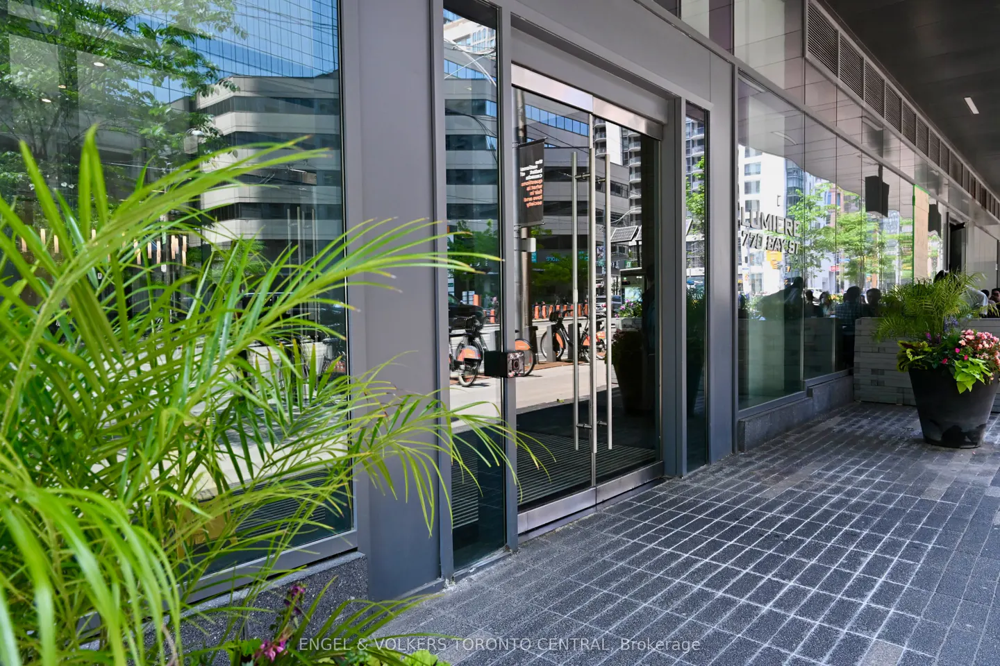 Exterior view of a building with glass windows and doors, plants, and a gray brick sidewalk.