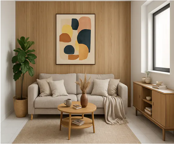 Living room with beige sofa, wood paneled wall, and abstract art. Round coffee table with vase and books. Natural light from window.