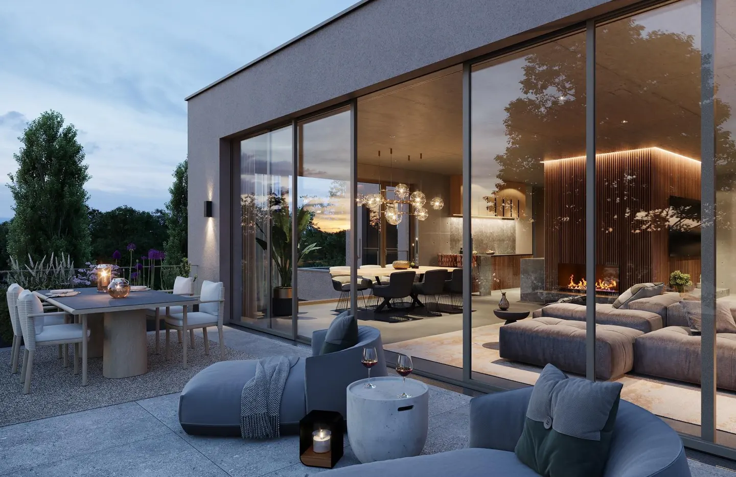 Modern home exterior with patio furniture, including a table, chairs, and lounge seating. Sliding glass doors lead to an open-concept living space with a fireplace.