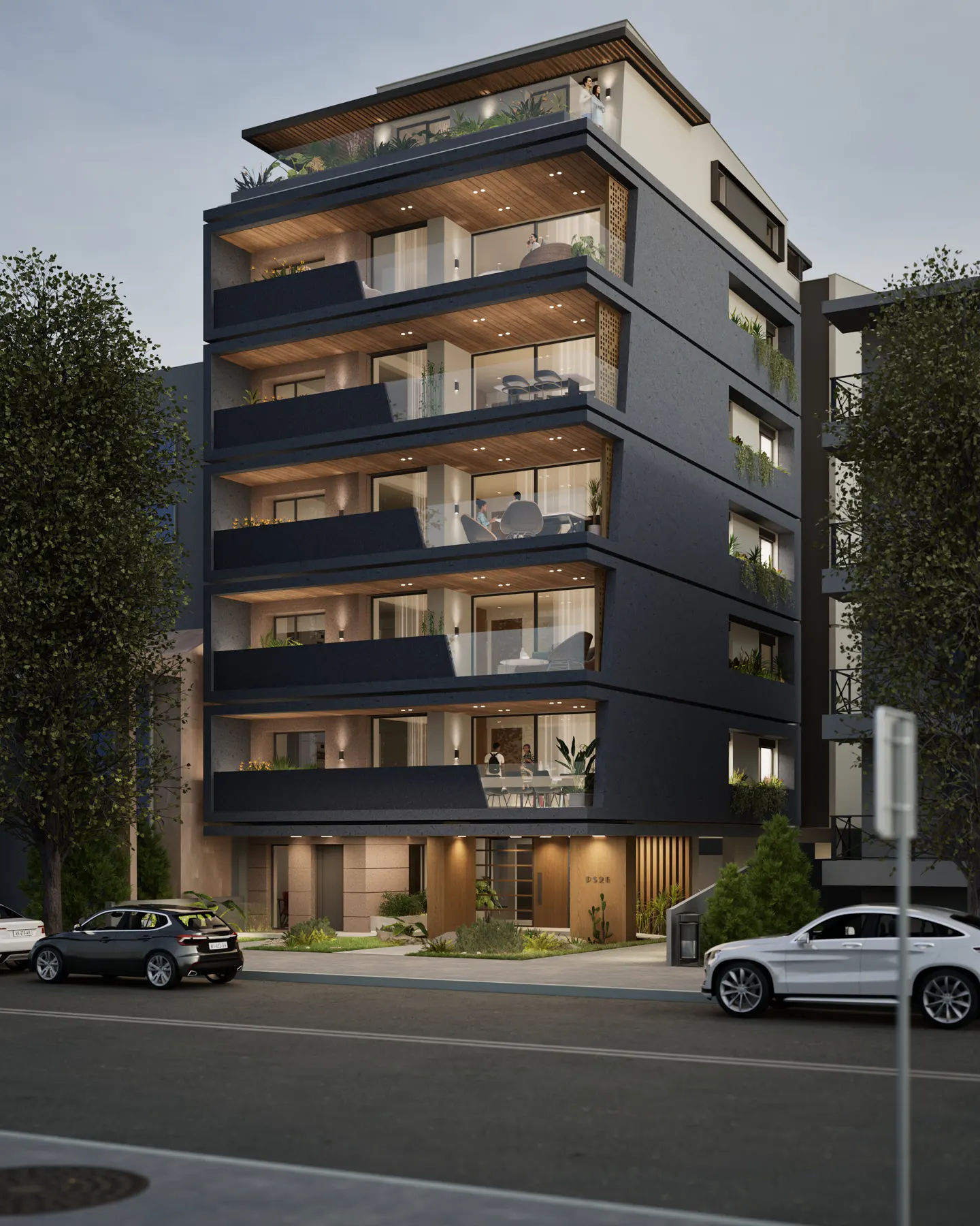 Modern, five-story apartment building with dark gray exterior and wood-lined balconies. Cars are parked on the street in front.