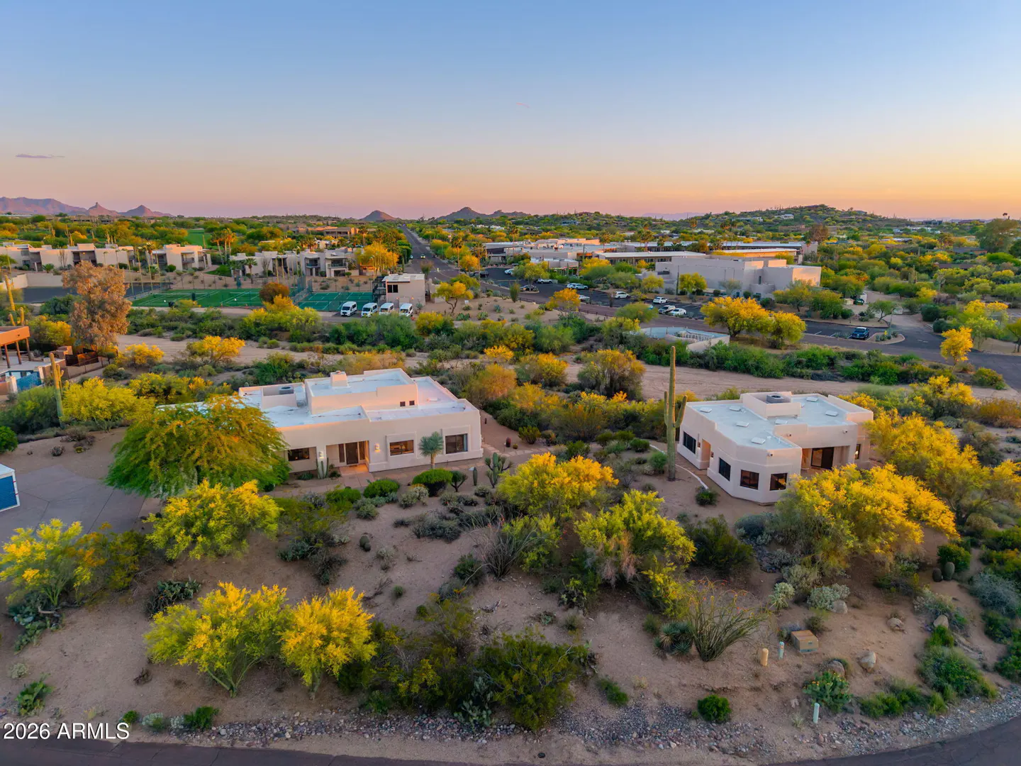 Aerial view of desert homes with white roofs, surrounded by yellow-flowered trees and cacti under a pink and blue sky.