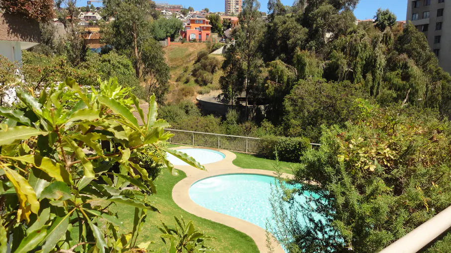 View of two turquoise pools surrounded by green grass and trees, with buildings in the background.