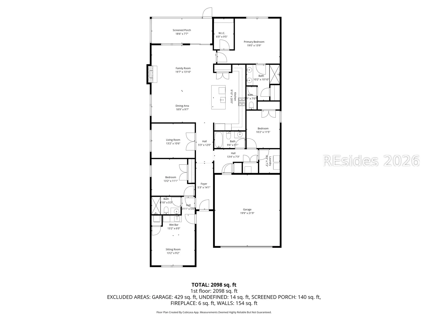 Black and white floor plan of a house with a garage, bedrooms, and living spaces. Text indicates total square footage.