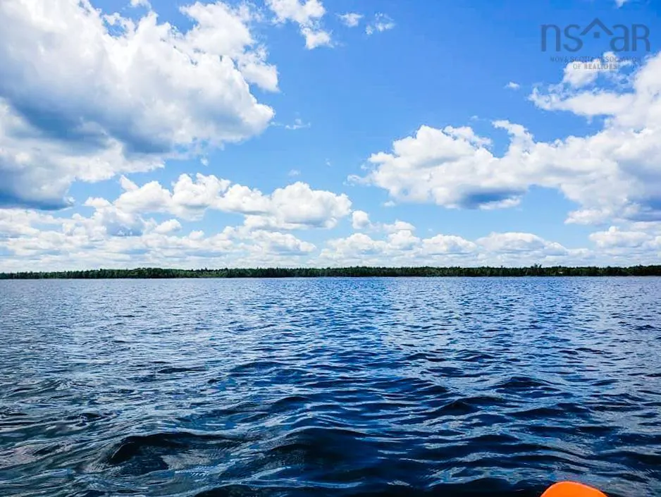Blue lake view under a partly cloudy sky. A line of trees is visible on the horizon.