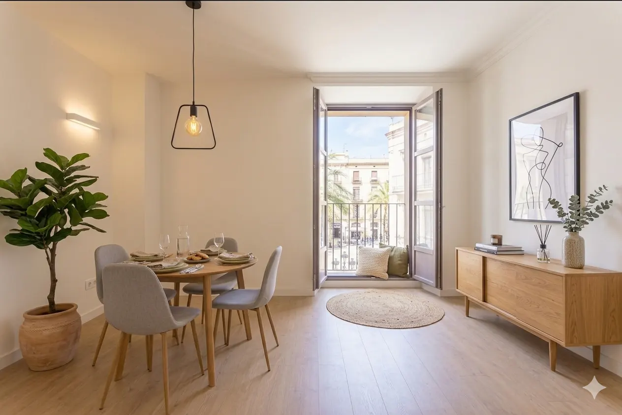 Bright dining room with a wooden table, four grey chairs, a sideboard, a potted plant, and a balcony overlooking a city.