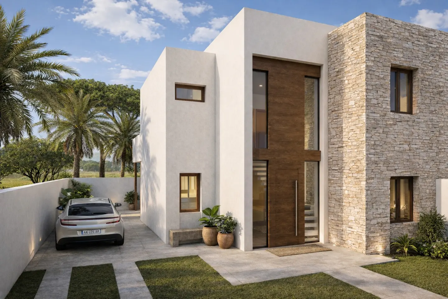 Modern two-story house with white stucco, stone, and wood facade, a car parked in the driveway, and palm trees in the background.