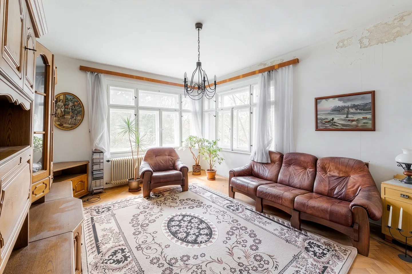 Living room with brown leather sofa and armchair, floral area rug, potted plants, and large windows with white curtains.