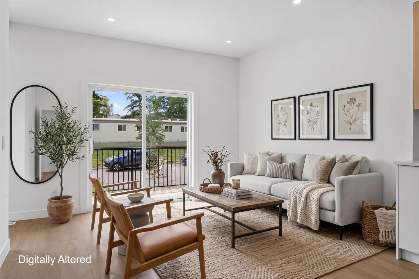 Modern living room with light gray sofa, two leather chairs, wooden coffee table, and sliding door to a balcony.