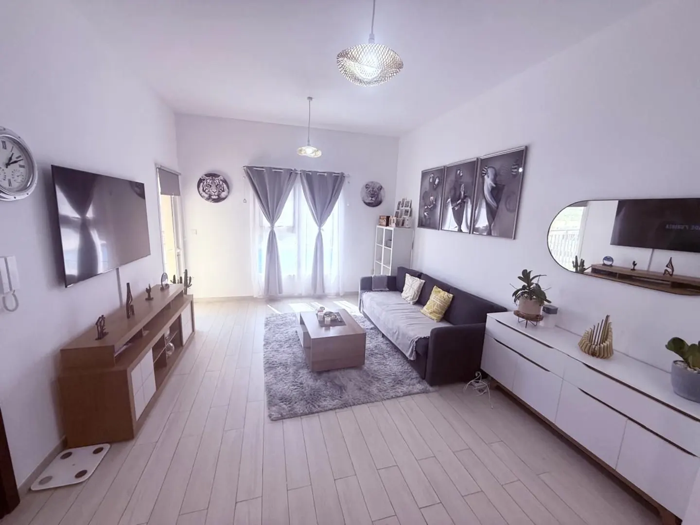 Bright living room with wood floors, white walls, and gray accents. A sofa, TV, and coffee table furnish the space.
