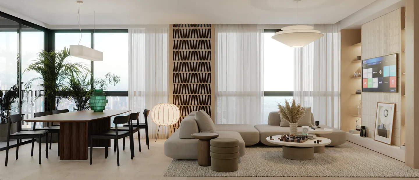 Bright, modern living room with a dining table, beige sectional sofa, and large windows with sheer white curtains.