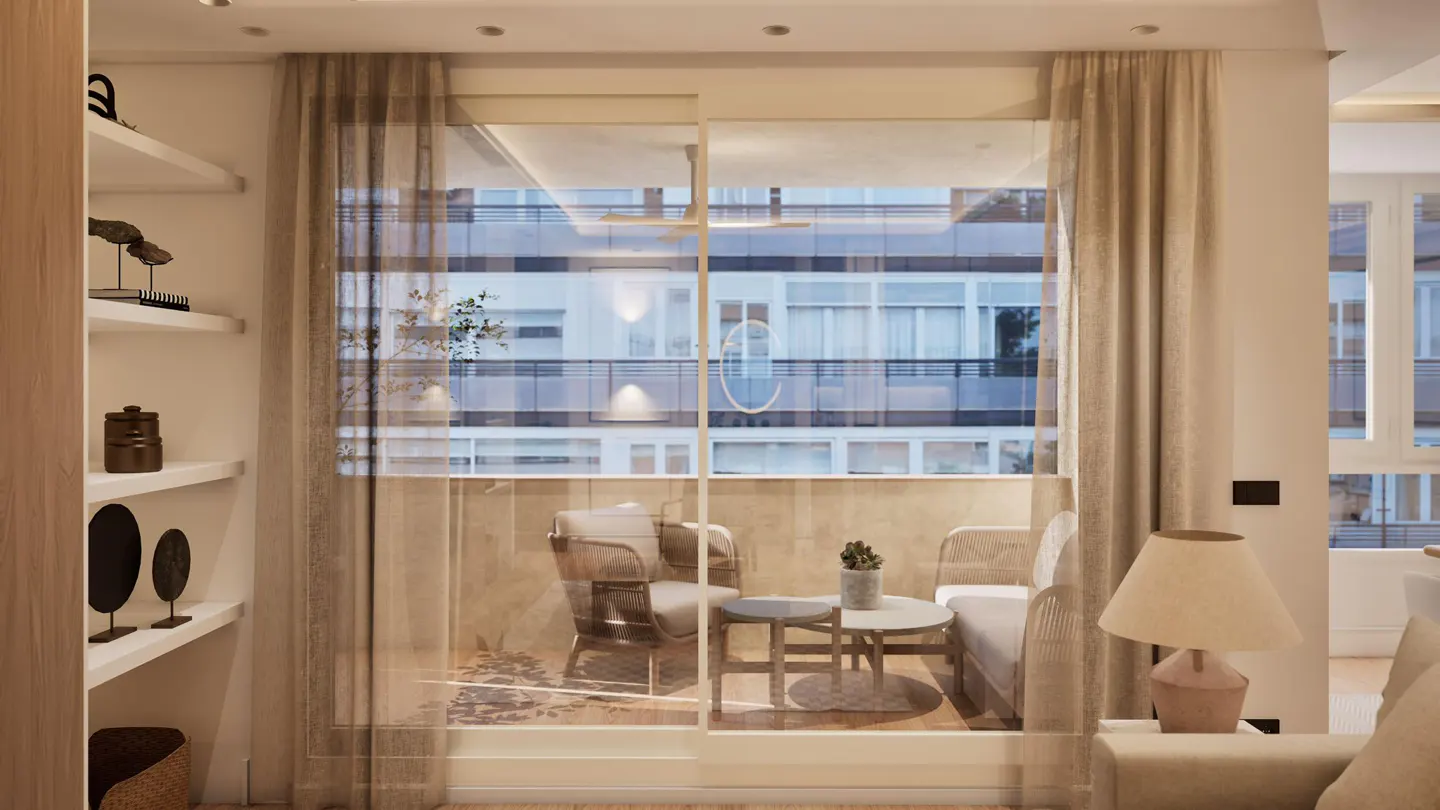 Modern living room with sheer curtains opening to a balcony featuring a small table, two chairs, and a view of buildings.