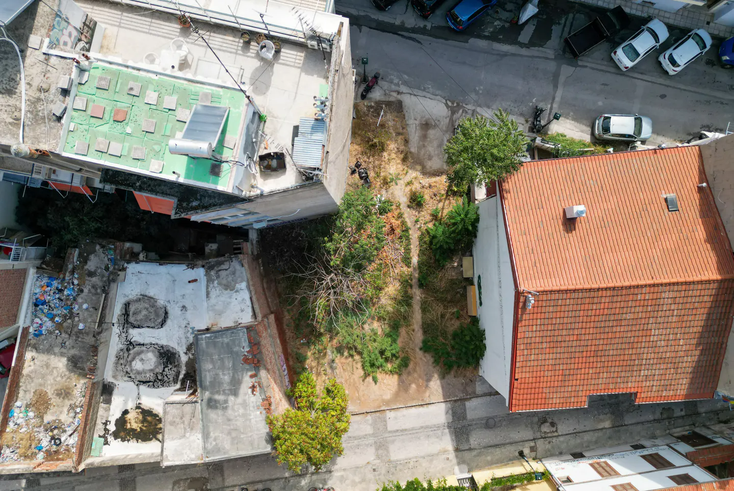 Aerial view of a vacant lot with trees, bordered by buildings with a red tile roof and a green rooftop.