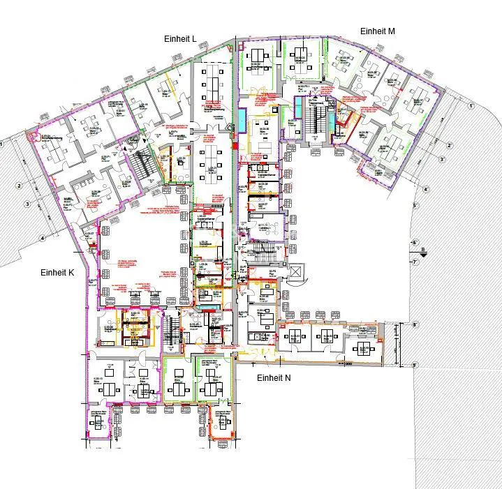 Architectural blueprint of a building with units labeled K, L, M, and N, showing room layouts, stairs, and dimensions.