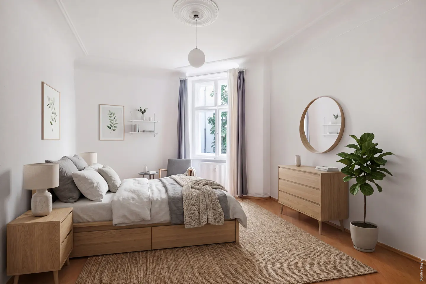 Bright, minimalist bedroom with a wooden bed, matching dresser, round mirror, and a large potted plant on a jute rug.