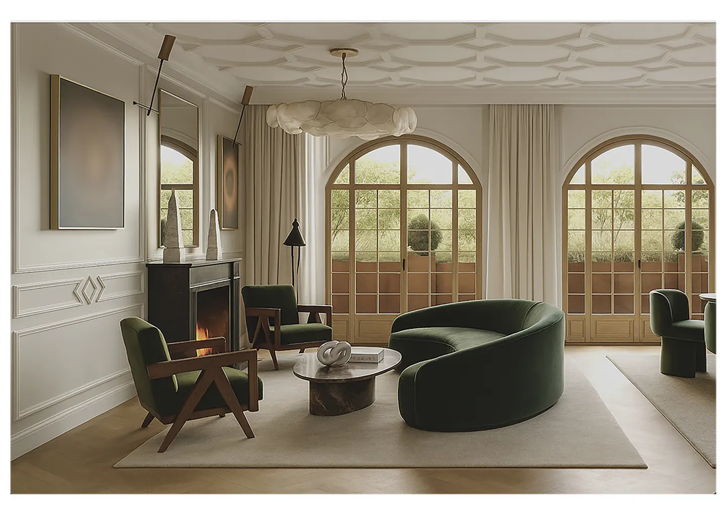 Living room with green velvet furniture, fireplace, and arched windows overlooking greenery.