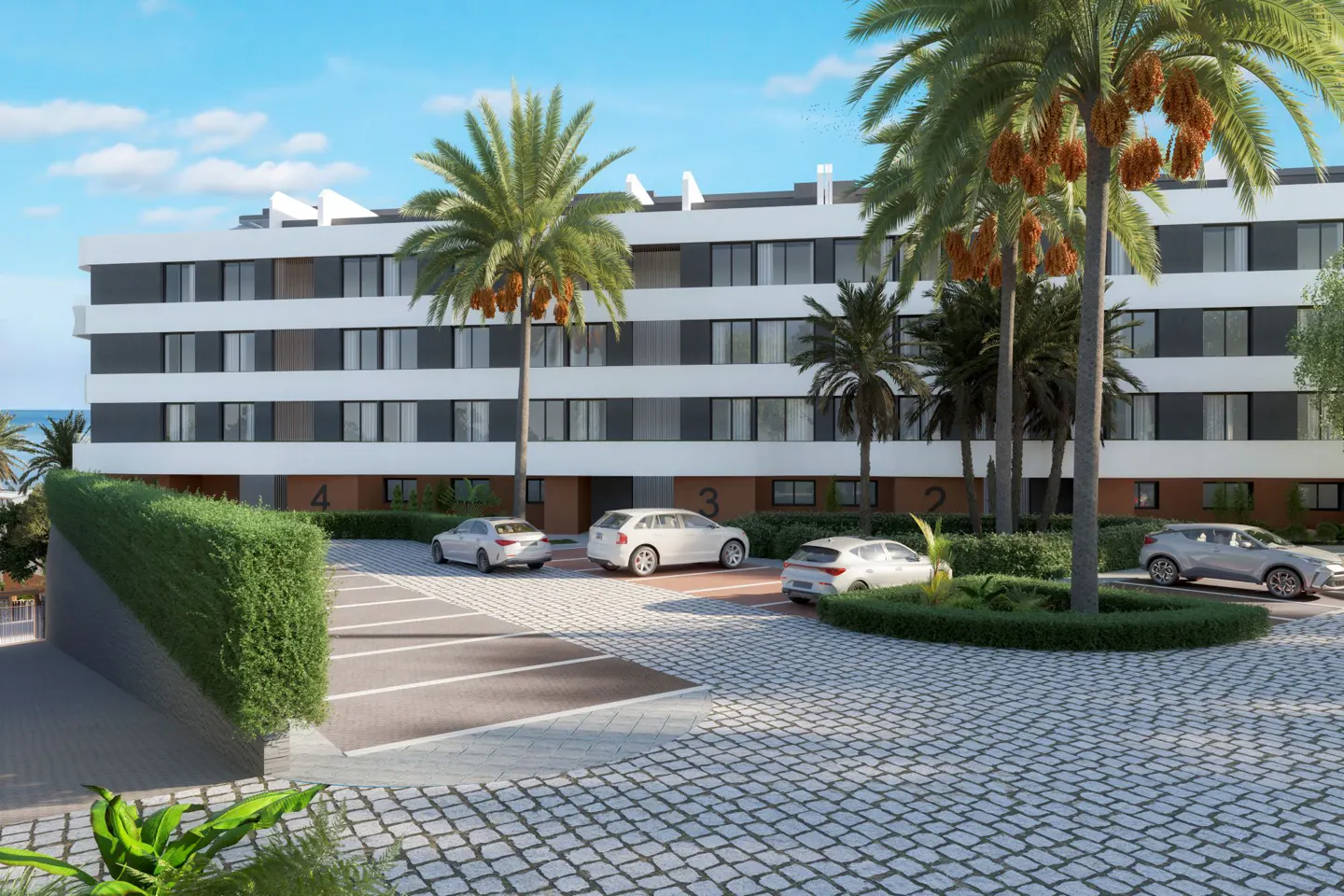 Modern apartment building with palm trees and parked cars. The building is white with dark gray accents.