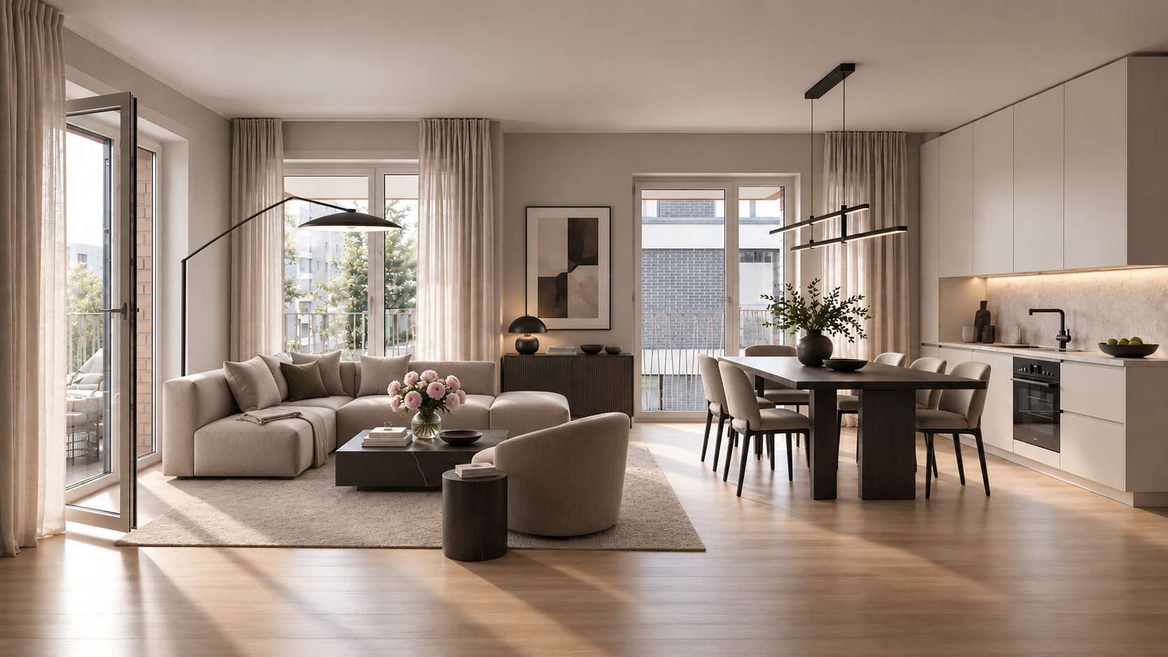 Moderne Neubauwohnung mit Balkon für sonnige Abendstunden [AI-modified]