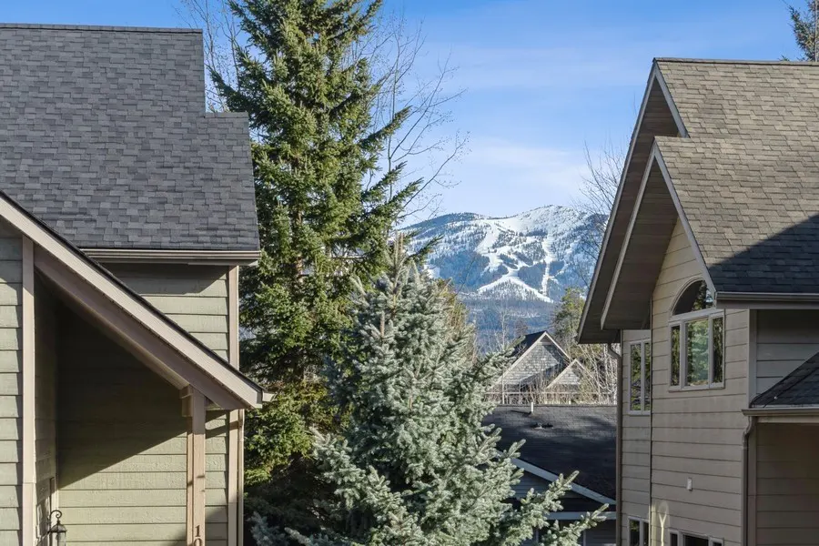 View of two-story homes with gray roofs and siding, evergreen trees, and a snow-covered mountain in the background.