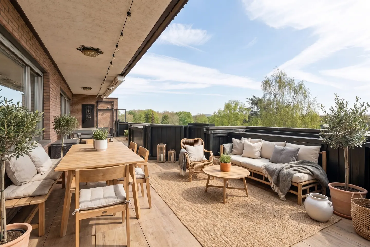 A furnished outdoor patio with a wooden table, chairs, and a sofa on a jute rug. Trees and blue sky are visible in the background.