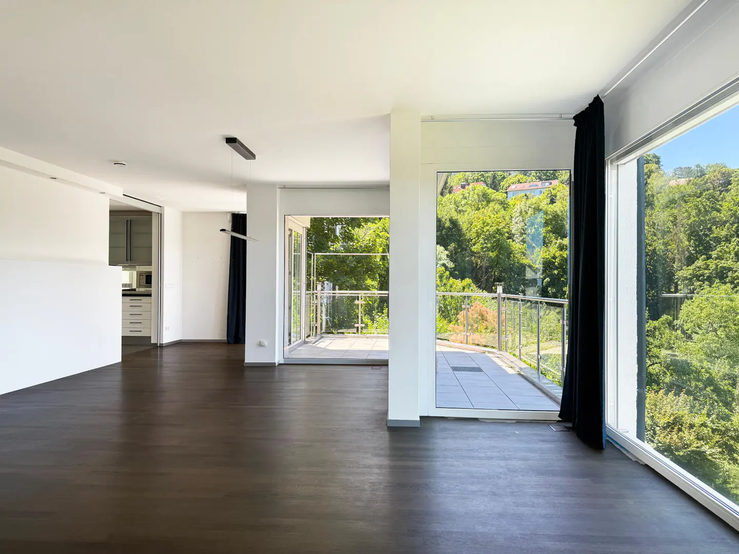 Bright, empty room with dark wood floors, white walls, and a view of trees from the balcony.