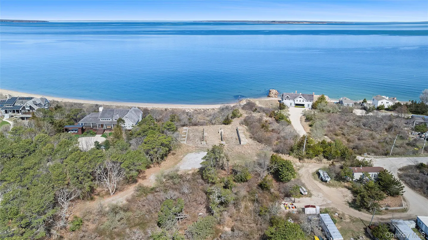 Aerial view of a waterfront property with a sandy beach, blue ocean, and several houses nestled among trees.