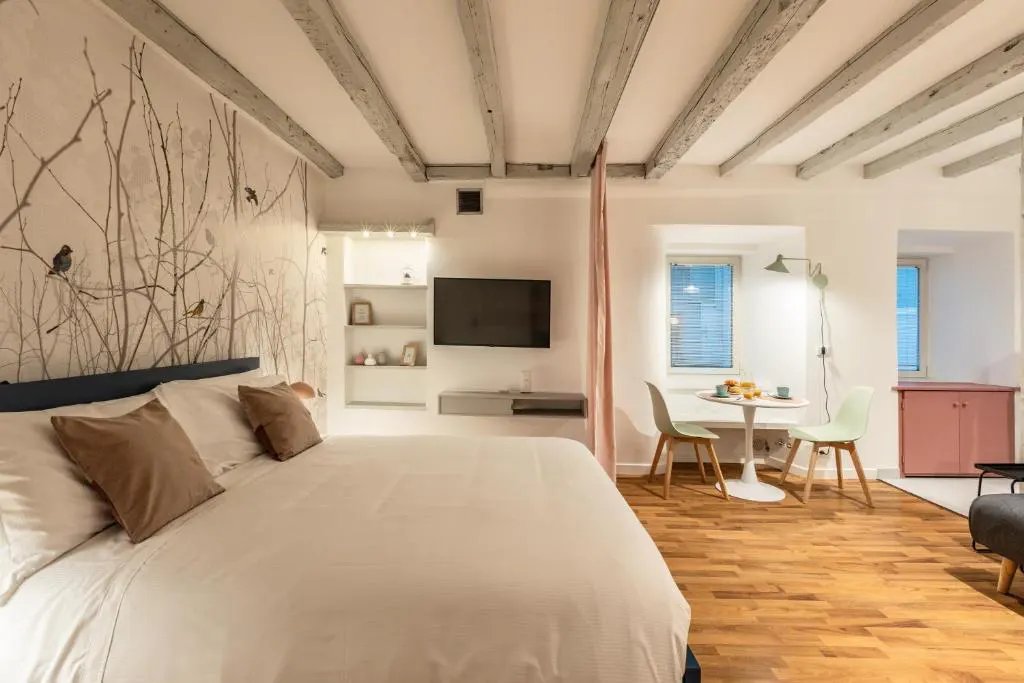 Cozy studio apartment with a bed, dining table, TV, and wood floors. The walls are white with a bird-themed mural.