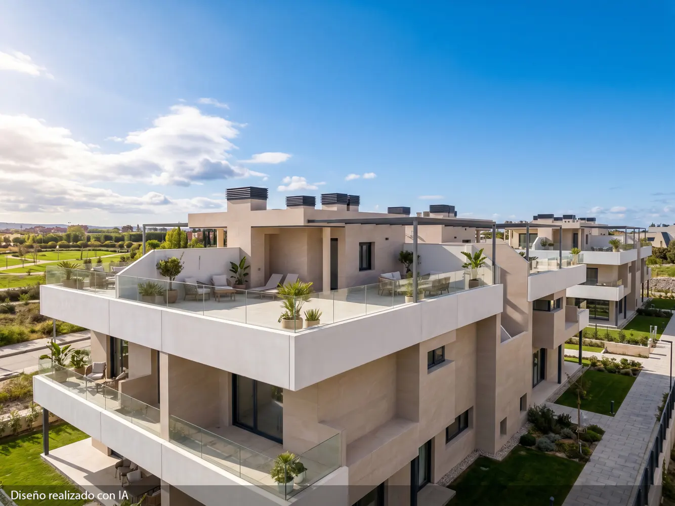 Exterior view of modern beige apartments with rooftop terraces, glass railings, and outdoor furniture under a blue sky.