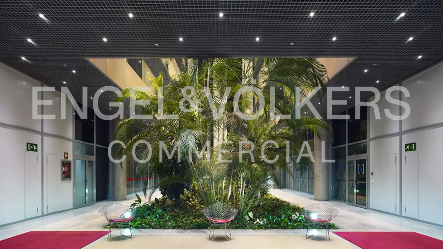 Commercial building lobby with a plant display. Three wire chairs sit on a red rug. The ceiling has a grid pattern with recessed lights.