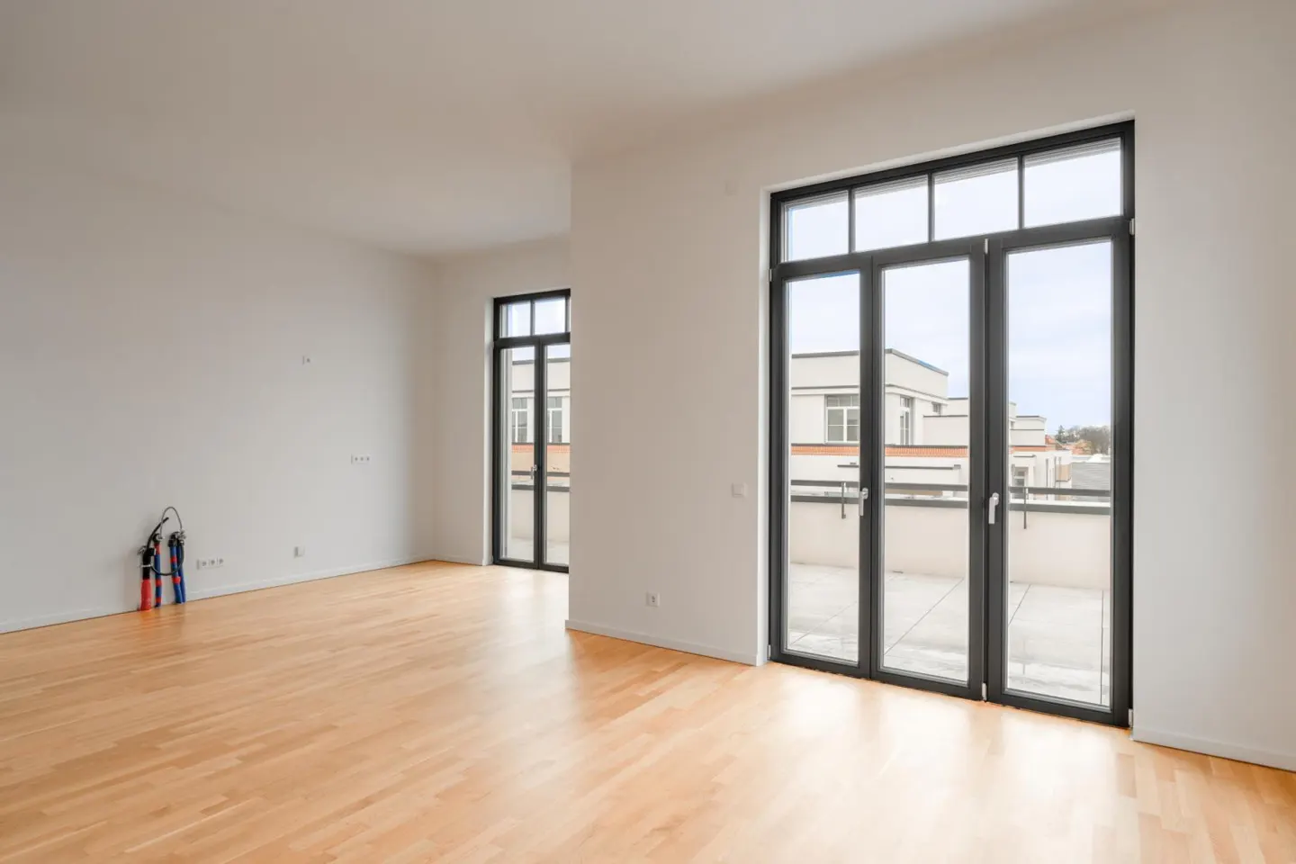 Bright, empty room with light wood floors, white walls, and black-framed glass doors leading to a balcony. A fire extinguisher stands in the corner.