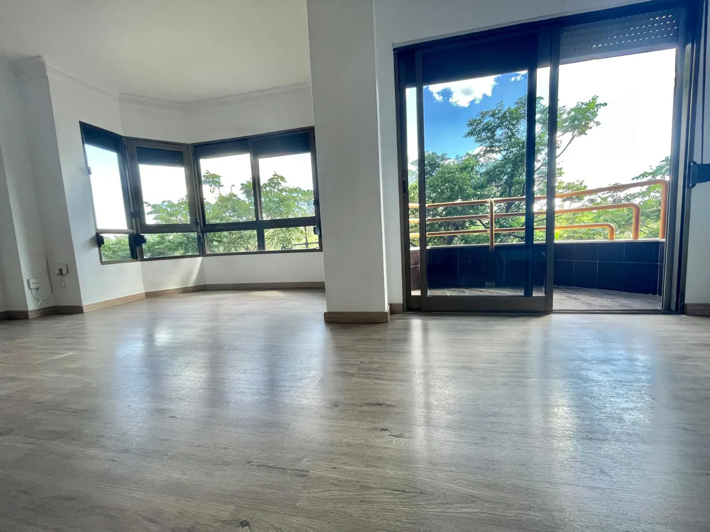 Empty room with wood-look floors, white walls, and large windows. Balcony with trees visible through sliding glass doors.