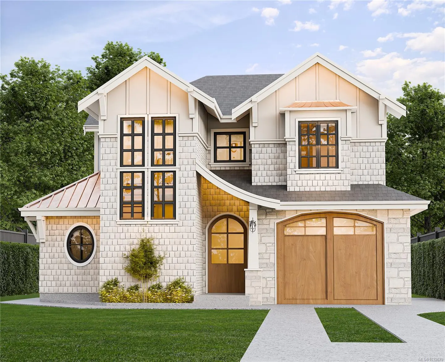 Two-story house with white shingle siding, gray roof, and a wooden garage door. A round window is on the left side.