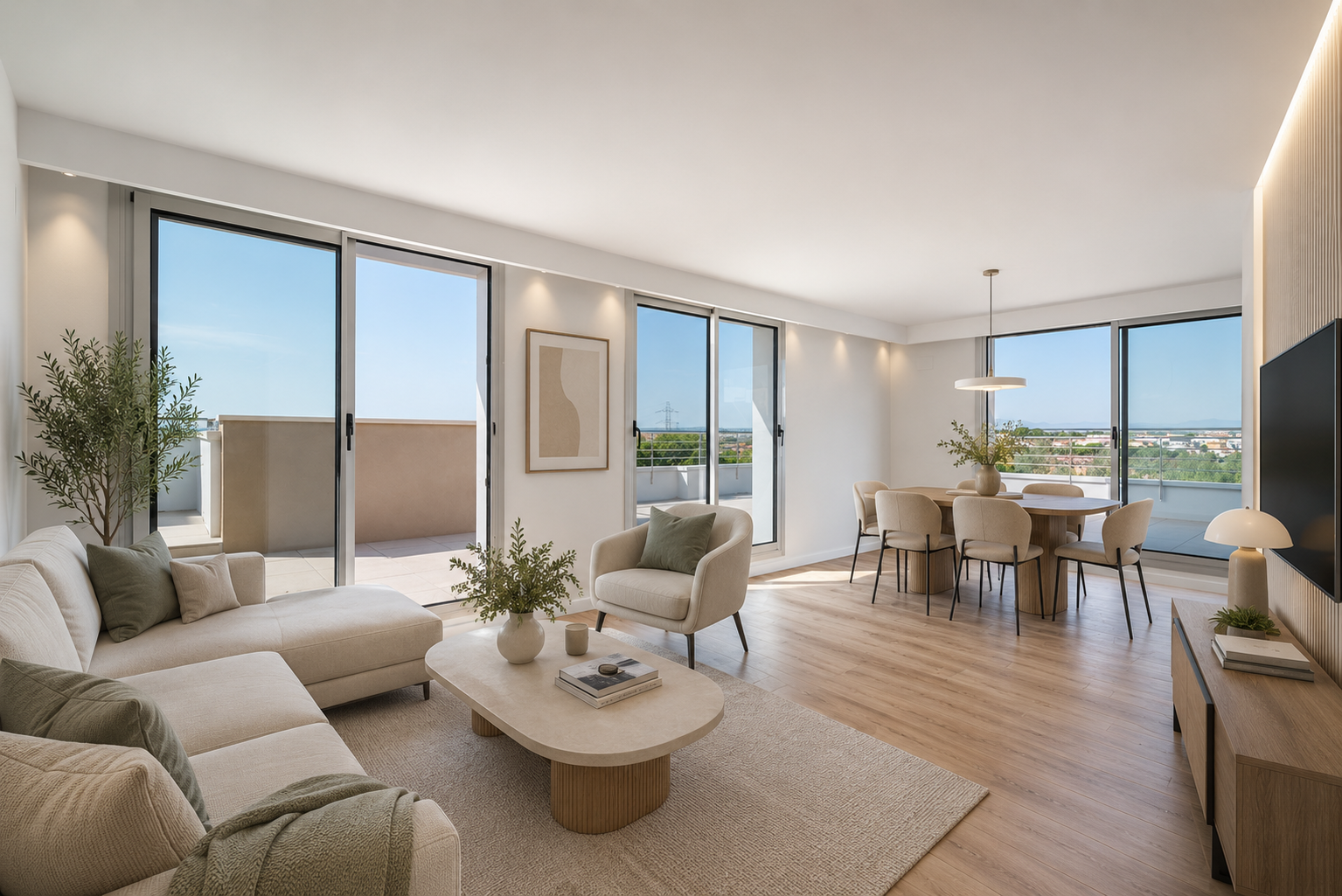 Brand-new penthouse with a large terrace, open views, and a communal pool [AI-modified]