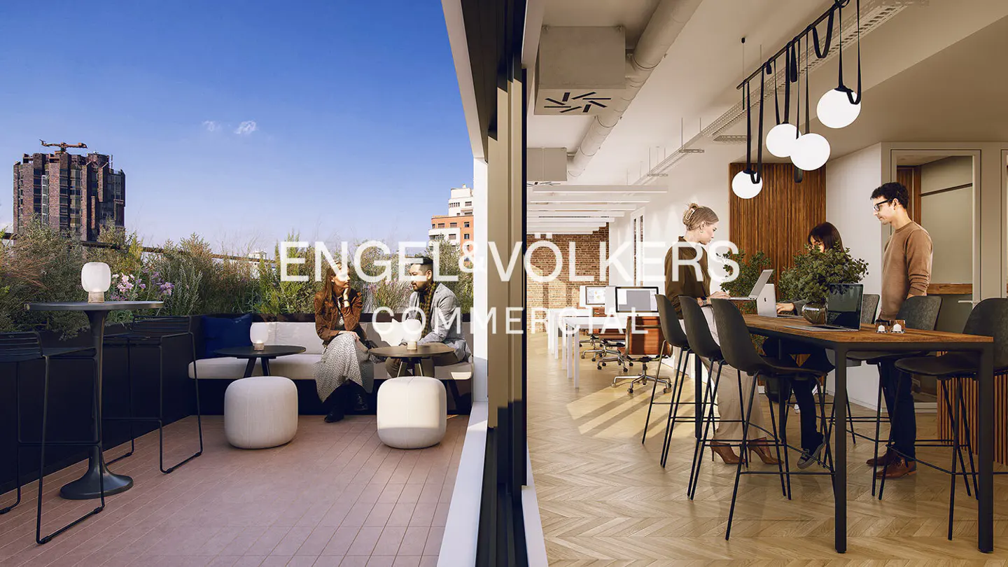 Engel & Volkers commercial space with an outdoor patio and an indoor office area. People are working and socializing.