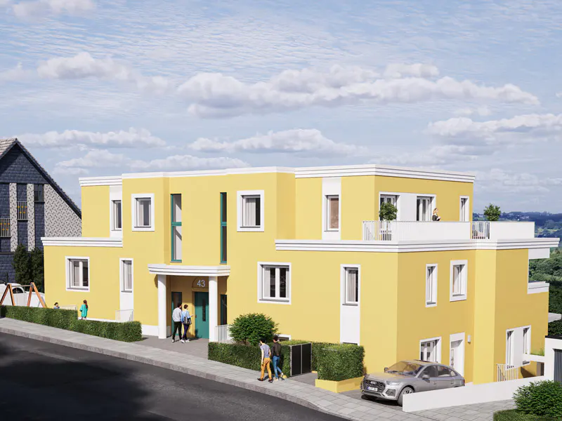 A yellow, modern apartment building with white trim and a teal door, with people and a car nearby.