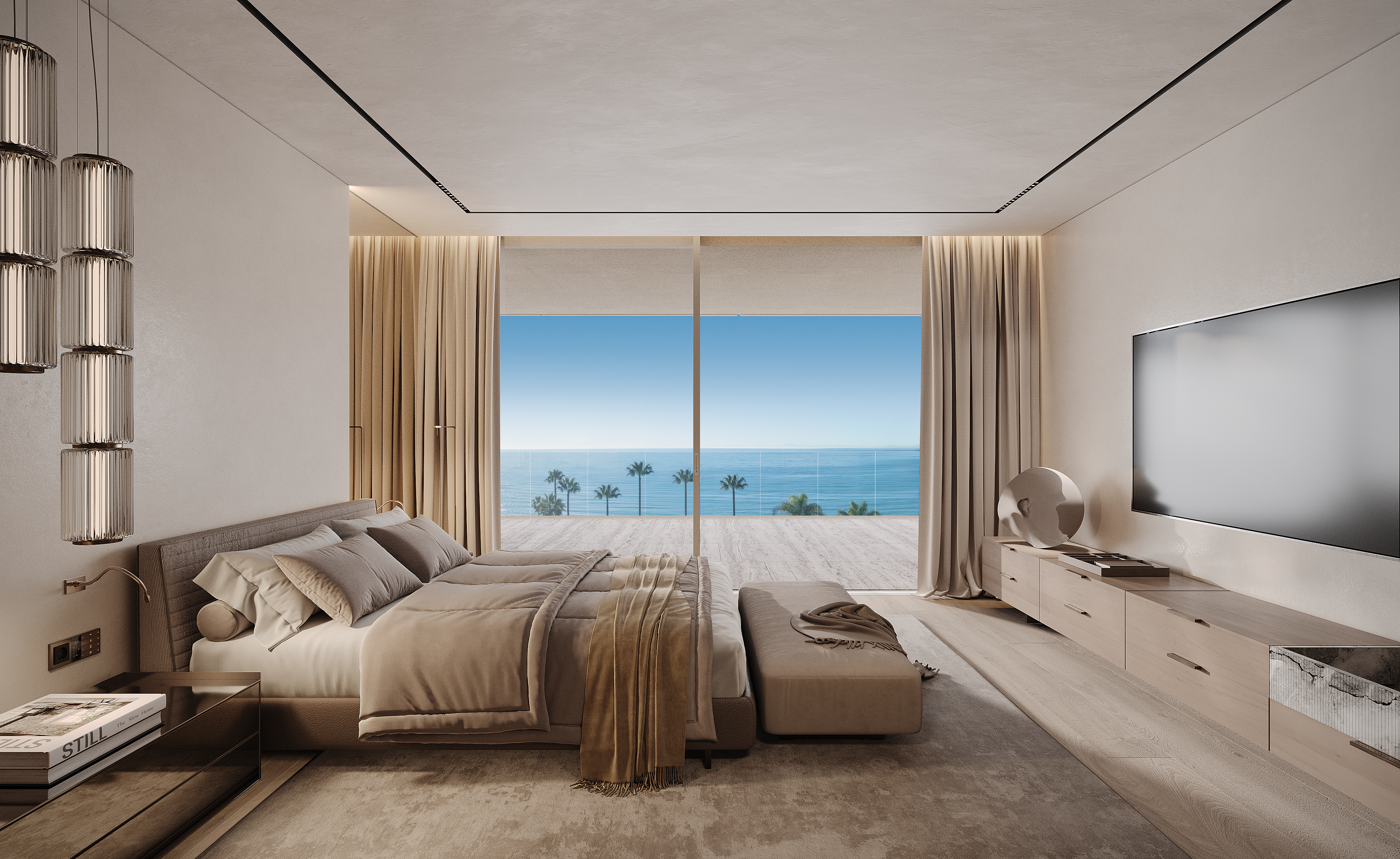 Bedroom with a king bed, beige tones, and ocean view. A TV is mounted on the wall. Palm trees are visible through the window.