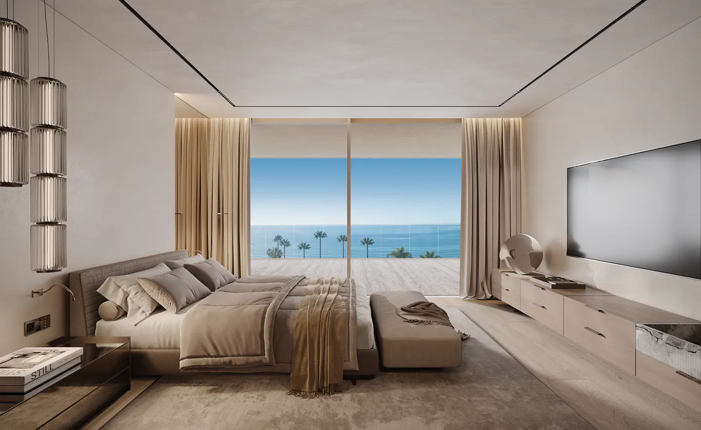 Bedroom with a king bed, beige tones, and ocean view. A TV is mounted on the wall. Palm trees are visible through the window.