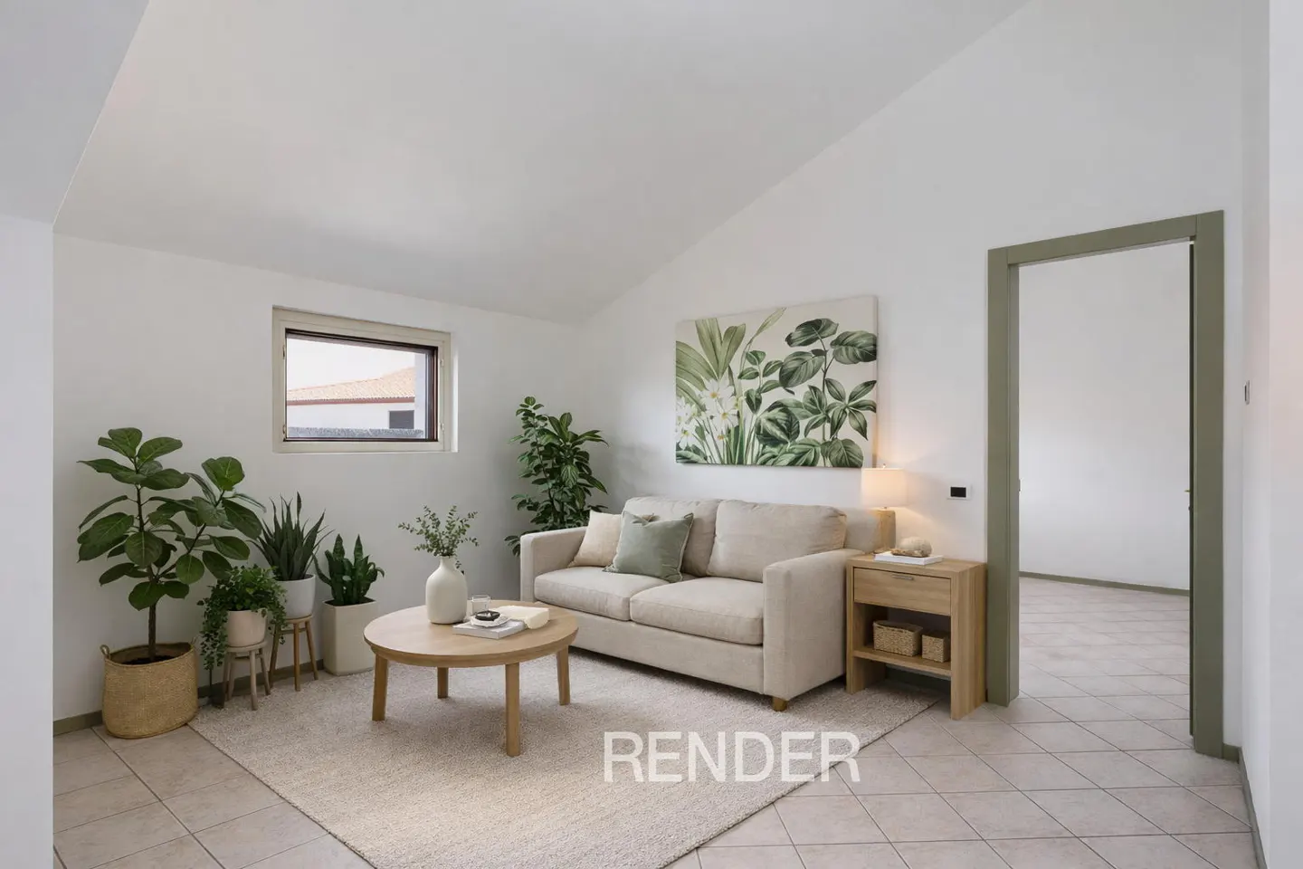 Bright living room with beige sofa, round wood table, and green plants. A botanical print hangs above a wood side table with a lamp.