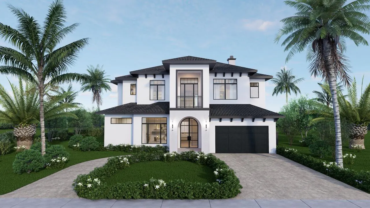 A two-story white house with a black roof, black garage door, and palm trees.