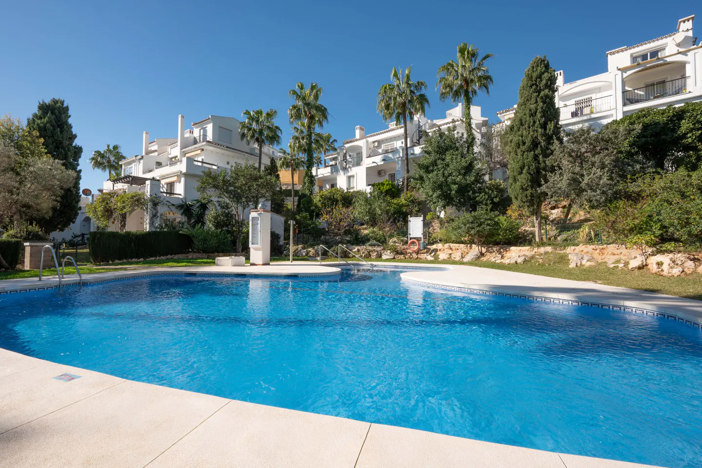 A bright blue swimming pool in front of white condos and palm trees under a clear blue sky.