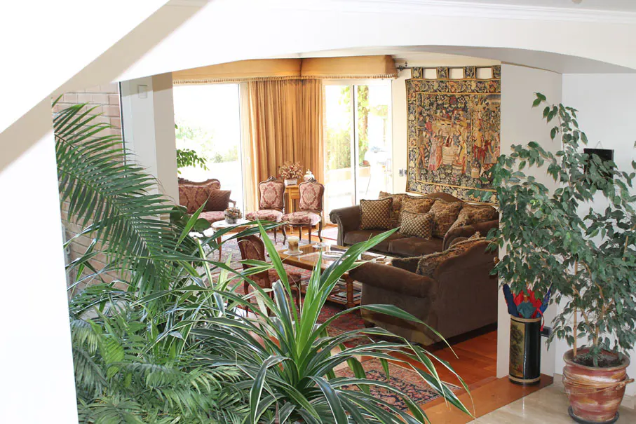 A living room with brown sofas, chairs, and a tapestry on the wall. Green plants are in the foreground.