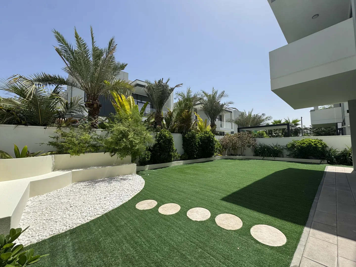 A backyard with green grass, palm trees, and a white stone area. Round stepping stones lead across the lawn. Modern white buildings are in the background.