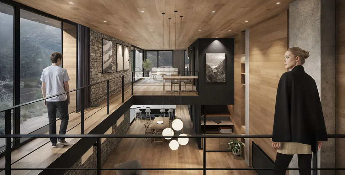 Interior view of a modern, multi-level home with wood floors and stone walls. Two people are visible on different levels.