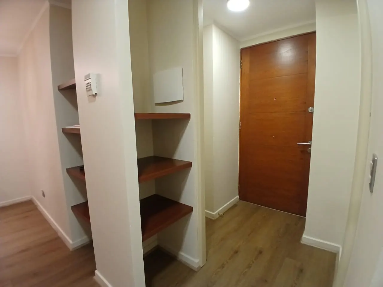 Interior view of a hallway with wood floors, built-in shelves, and a brown front door.