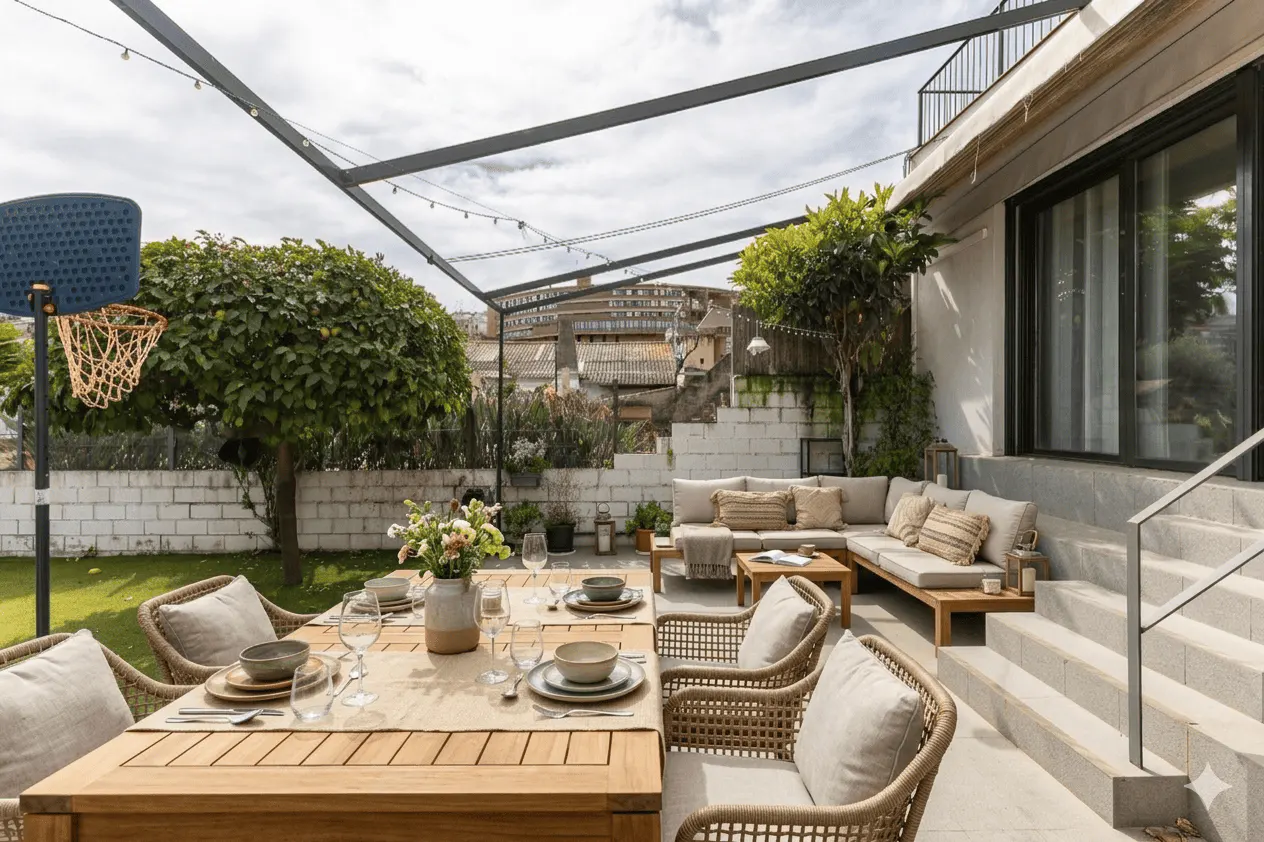 Outdoor patio with a wooden dining table set for a meal, a lounge area with a beige sectional sofa, and a basketball hoop on the lawn.
