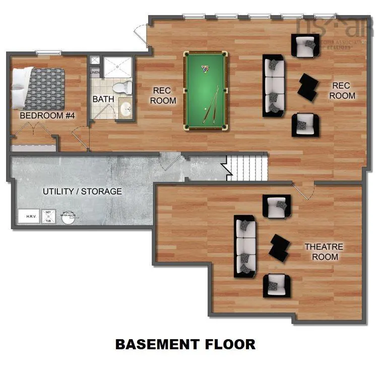 Basement floor plan with bedroom, bath, utility/storage, rec room with pool table, and theatre room. Wood flooring throughout.