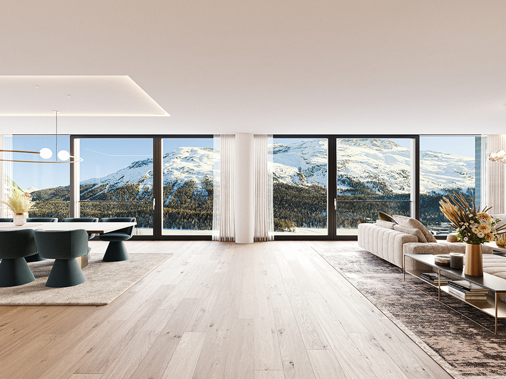 Modern living room with light wood floors, dining area, and sofa, featuring floor-to-ceiling windows with snowy mountains. [AI-generated text]